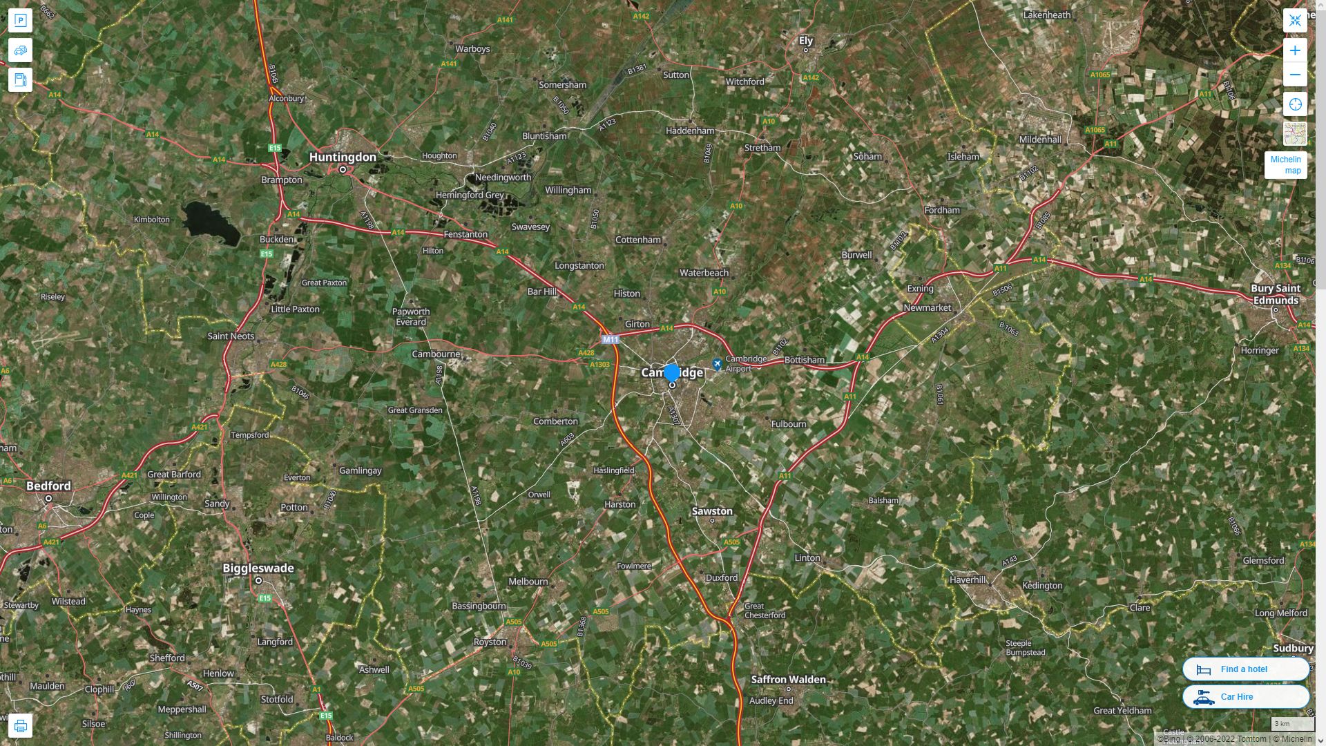 Cambridge Royaume Uni Autoroute et carte routiere avec vue satellite